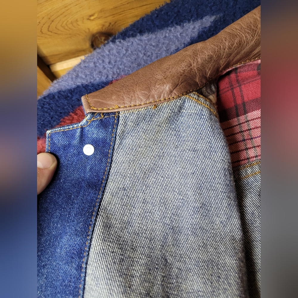 Vtg Marlboro Country Store Denim Jean Jacket Mens Large Button Up Leather Collar - Picture 7 of 12